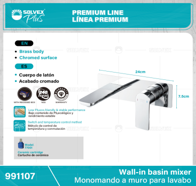 991107-(Caja master 1 CTN=6 SKU)-(MOQ 1 SKU)-Monomando a muro para lavabo
Cuerpo de latón,latón de alta calidad(CW617N/CC757S) con caja empotrada