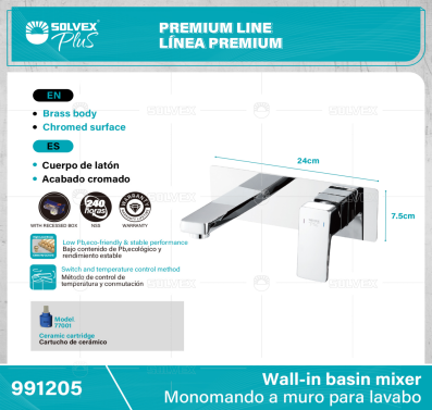 991205-(Caja master 1 CTN=6 SKU)-(MOQ 1 SKU)-Monomando a muro para lavabo
Cuerpo de latón,latón de alta calidad(CW617N/CC757S) con caja empotrada