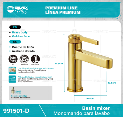 991501-D-(Caja master 1 CTN=5 SKU)-(MOQ 1 SKU)-Monomando para lavabo
Cuerpo de latón,latón de alta calidad(CW617N/CC757S)