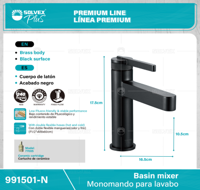 991501-N-(Caja master 1 CTN=5 SKU)-(MOQ 1 SKU)-Monomando para lavabo
Cuerpo de latón,latón de alta calidad(CW617N/CC757S)