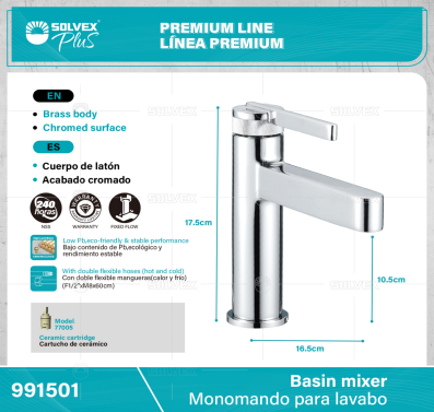 991501-(Caja master 1 CTN=5 SKU)-(MOQ 1 SKU)-Monomando para lavabo
Cuerpo de latón,latón de alta calidad(CW617N/CC757S)