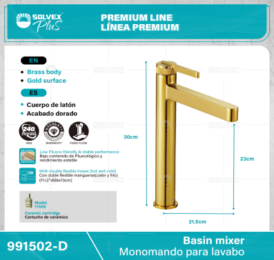 991502-D-(Caja master 1 CTN=5 SKU)-(MOQ 1 SKU)-Monomando para lavabo
Cuerpo de latón,latón de alta calidad(CW617N/CC757S)