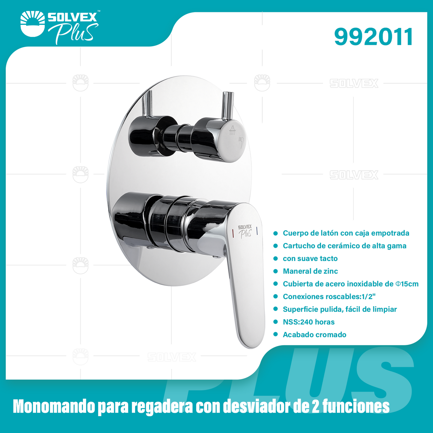 992011-(Caja master 1 CTN=6 SKU)-(MOQ 1 SKU)-Monomando para regadera con desviador de 2 funciones
Cuerpo de latón con caja empotrada