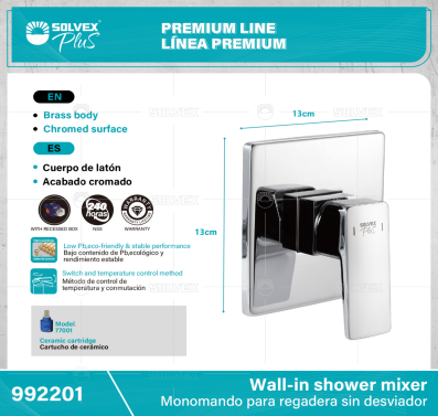 992201-(Caja master 1 CTN=6 SKU)-(MOQ 1 SKU)-Monomando para regadera sin desviador
Cuerpo de latón,latón de alta calidad(CW617N/CC757S) con caja empotrada
