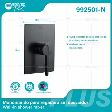 992501-N-(Caja master 1 CTN=6 SKU)-(MOQ 1 SKU)-Monomando para regadera sin desviador
Cuerpo de latón con caja empotrada