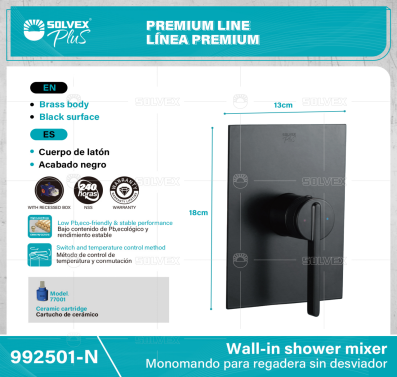 992501-N-(Caja master 1 CTN=6 SKU)-(MOQ 1 SKU)-Monomando para regadera sin desviador
Cuerpo de latón,latón de alta calidad(CW617N/CC757S) con caja empotrada