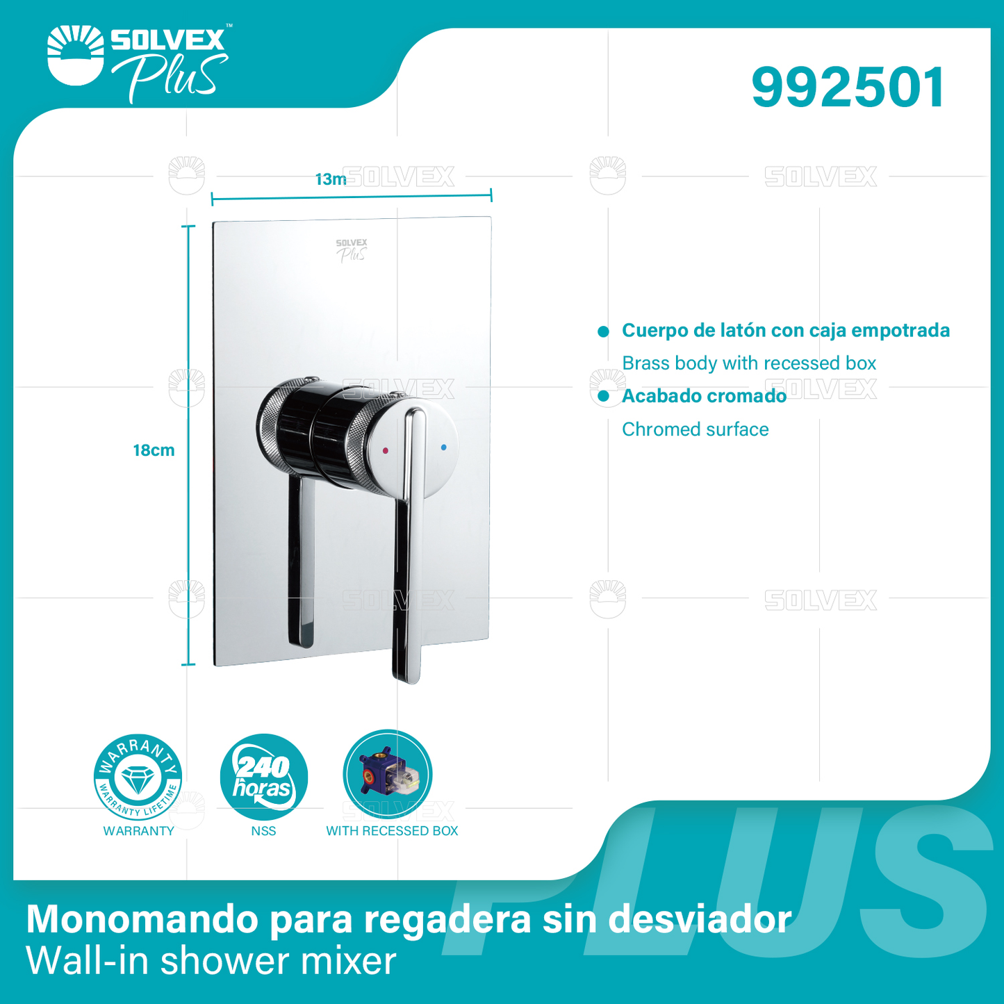 992501 (Caja master 6)(MOQ 1 pz=1 caja) Monomando para regadera sin desviador Wall-in shower mixer