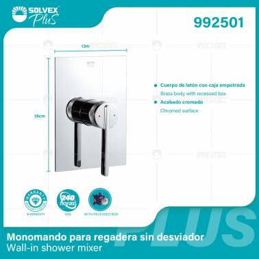 992501-(Caja master 1 CTN=6 SKU)-(MOQ 1 SKU)-Monomando para regadera sin desviador
Cuerpo de latón con caja empotrada