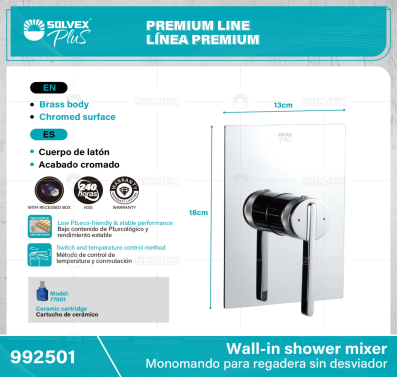992501-(Caja master 1 CTN=6 SKU)-(MOQ 1 SKU)-Monomando para regadera sin desviador
Cuerpo de latón,latón de alta calidad(CW617N/CC757S) con caja empotrada