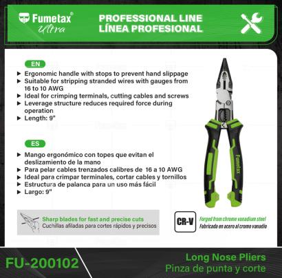 FU-200102-(Caja master 1 CTN=48 SKU)-(MOQ 1 SKU)-Fabricada en acero al cromo vanadio, 2X más resistente al desgaste que las de acero al carbono
Mango ergonómico con topes que evitan el deslizamiento de la mano