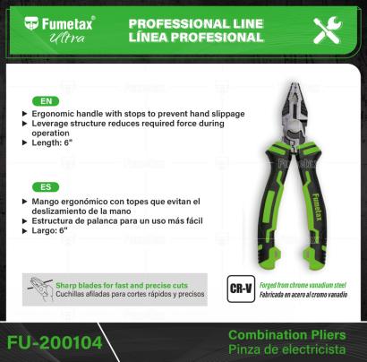 FU-200104-(Caja master 1 CTN=60 SKU)-(MOQ 1 SKU)-Fabricada en acero al cromo vanadio, 2X más resistente al desgaste que las de acero al carbono
Mango ergonómico con topes que evitan el deslizamiento de la mano