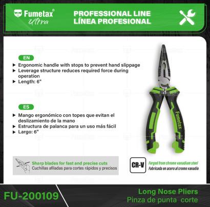 FU-200109-(Caja master 1 CTN=60 SKU)-(MOQ 1 SKU)-Fabricada en acero al cromo vanadio, 2X más resistente al desgaste que las de acero al carbono
Mango ergonómico con topes que evitan el deslizamiento de la mano