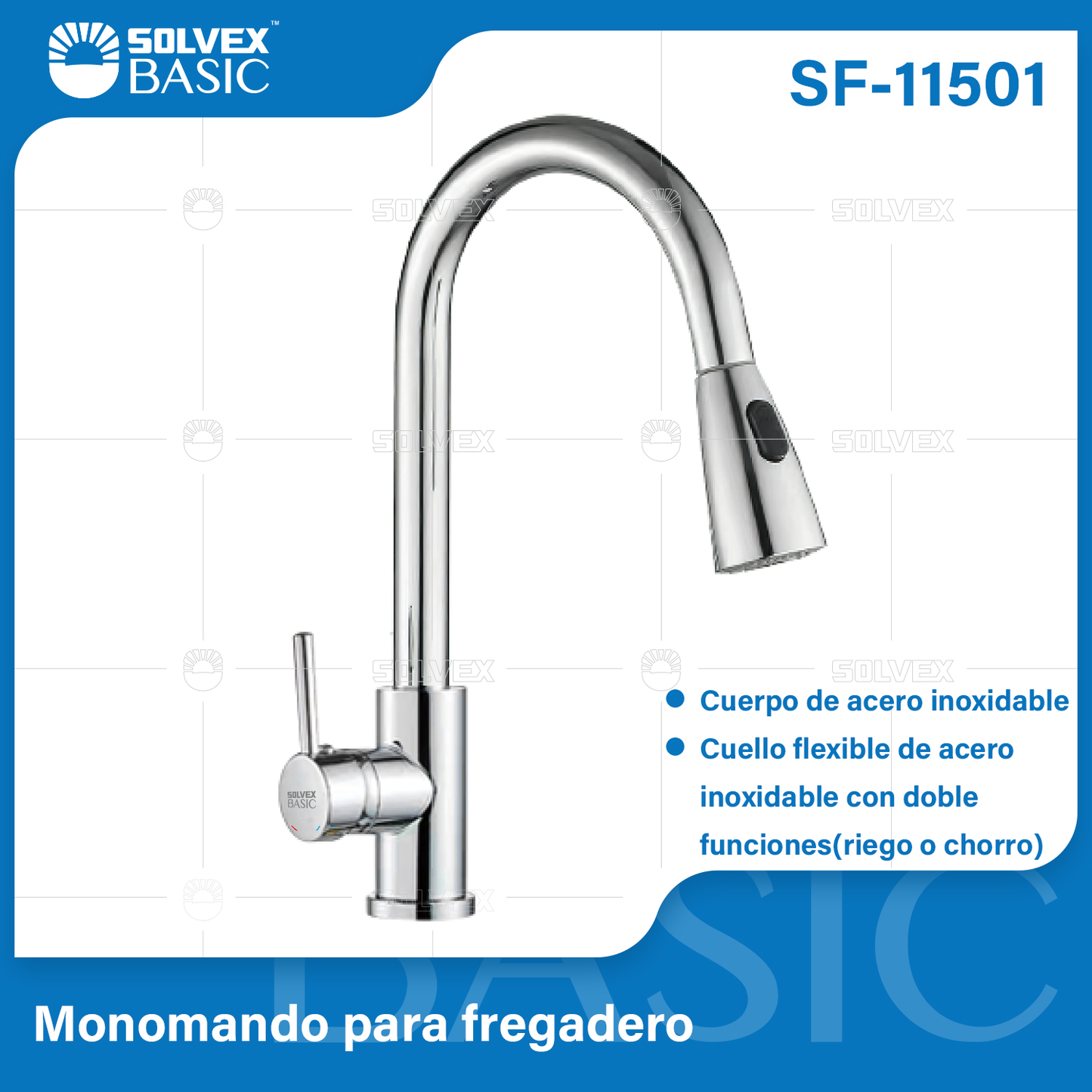 SF-11501-(Caja master 1 CTN=10 SKU)-(MOQ 1 SKU)-Monomando para fregadero
Cuerpo y maneral de acero inoxidable