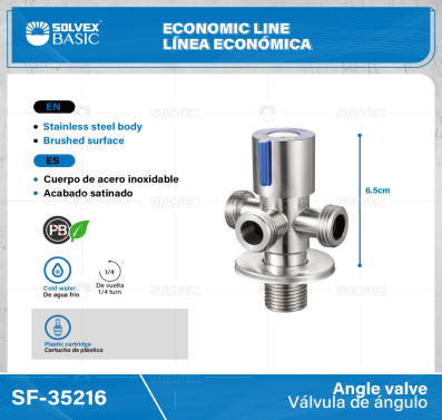SF-35216-(Caja master 1 CTN=100 SKU)-(MOQ 1 SKU)-Válvula de ángulo
Cuerpo y maneral de acero inoxidable