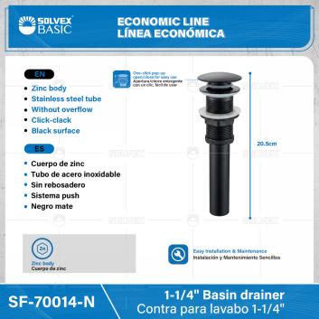 SF-70014-N-(Caja master 1 CTN=50 SKU)-(MOQ 1 SKU)-Contra para lavabo con tapón push 1-1/4"
Cuerpo de zinc