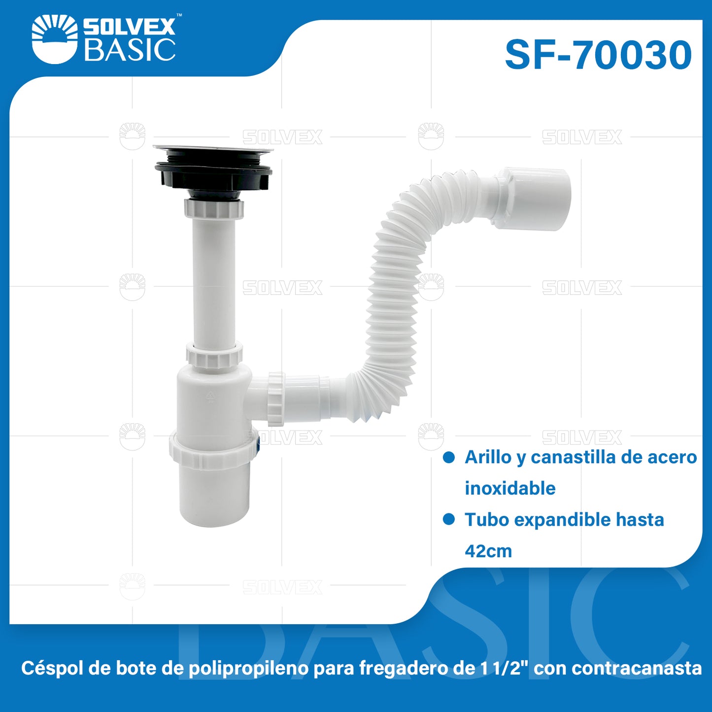 SF-70030 (Caja master 25)(MOQ 1pz=1bolsa) Céspol de bote de polipropileno para fregadero de 1 1/2" con contracanasta
