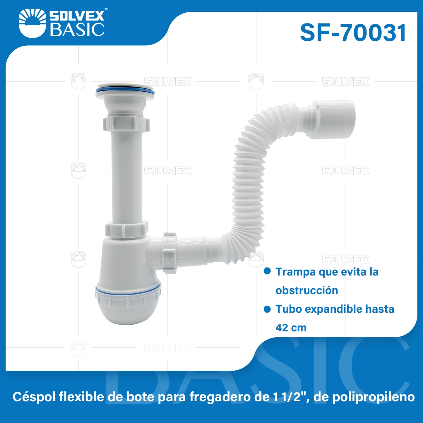 SF-70031 (Caja master 40)(MOQ 1pz=1bolsa) Céspol flexible de bote para fregadero de 1 1/2",de polipropileno
