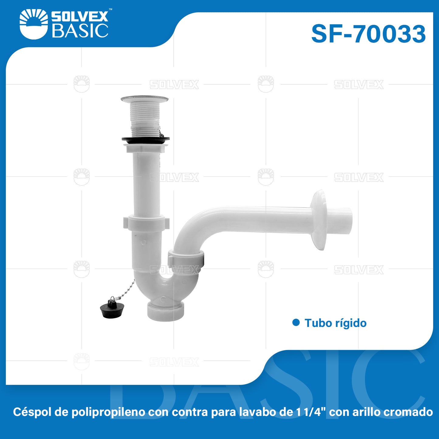 SF-70033 (Caja master 50)(MOQ 1pz=1bolsa) Céspol de polipropileno con contra para lavabo de 1 1/4" con arillo cromado
