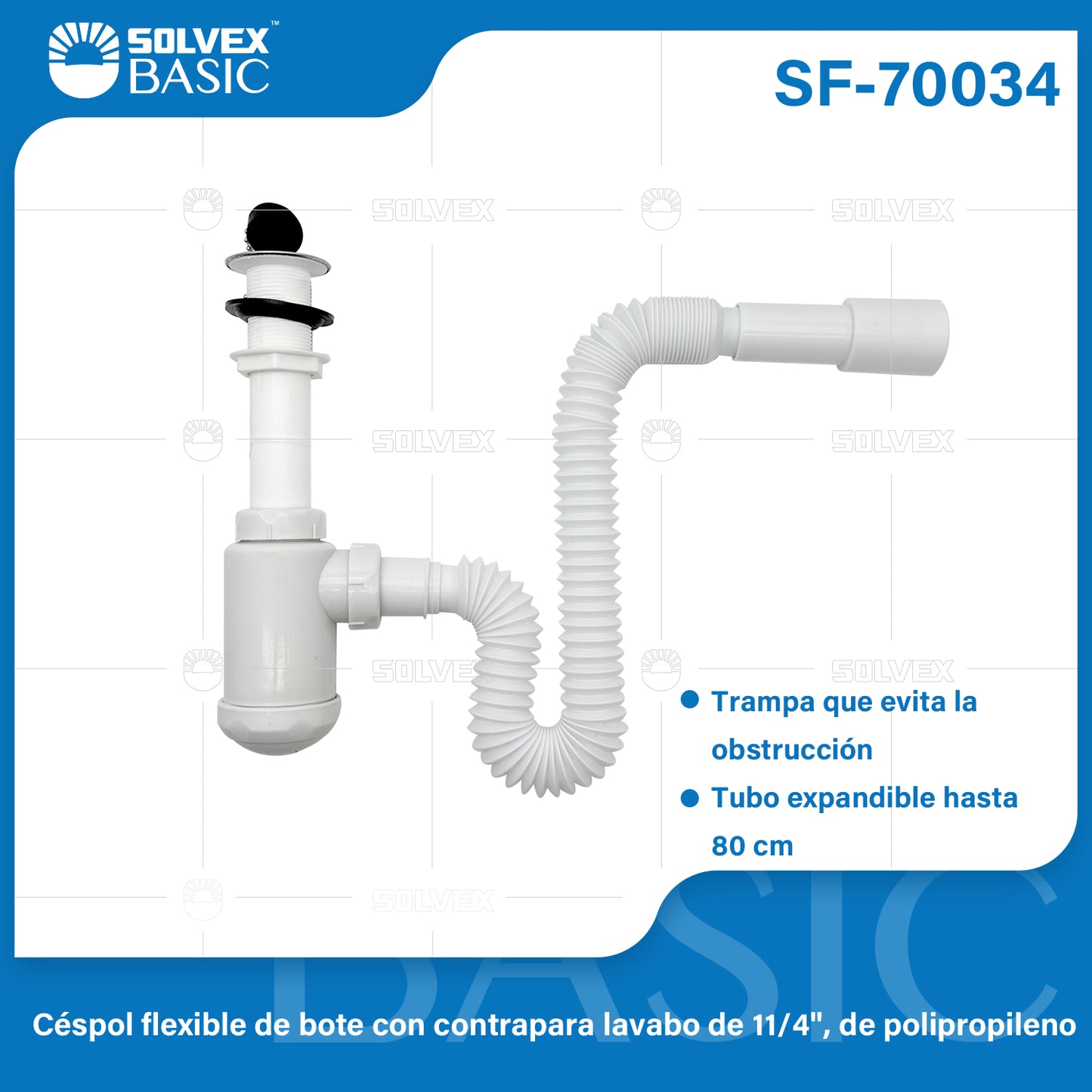 SF-70034 (Caja master 50)(MOQ 1pz=1bolsa) Céspol flexible de bote con contrapara lavabo de 11/4", de polipropileno