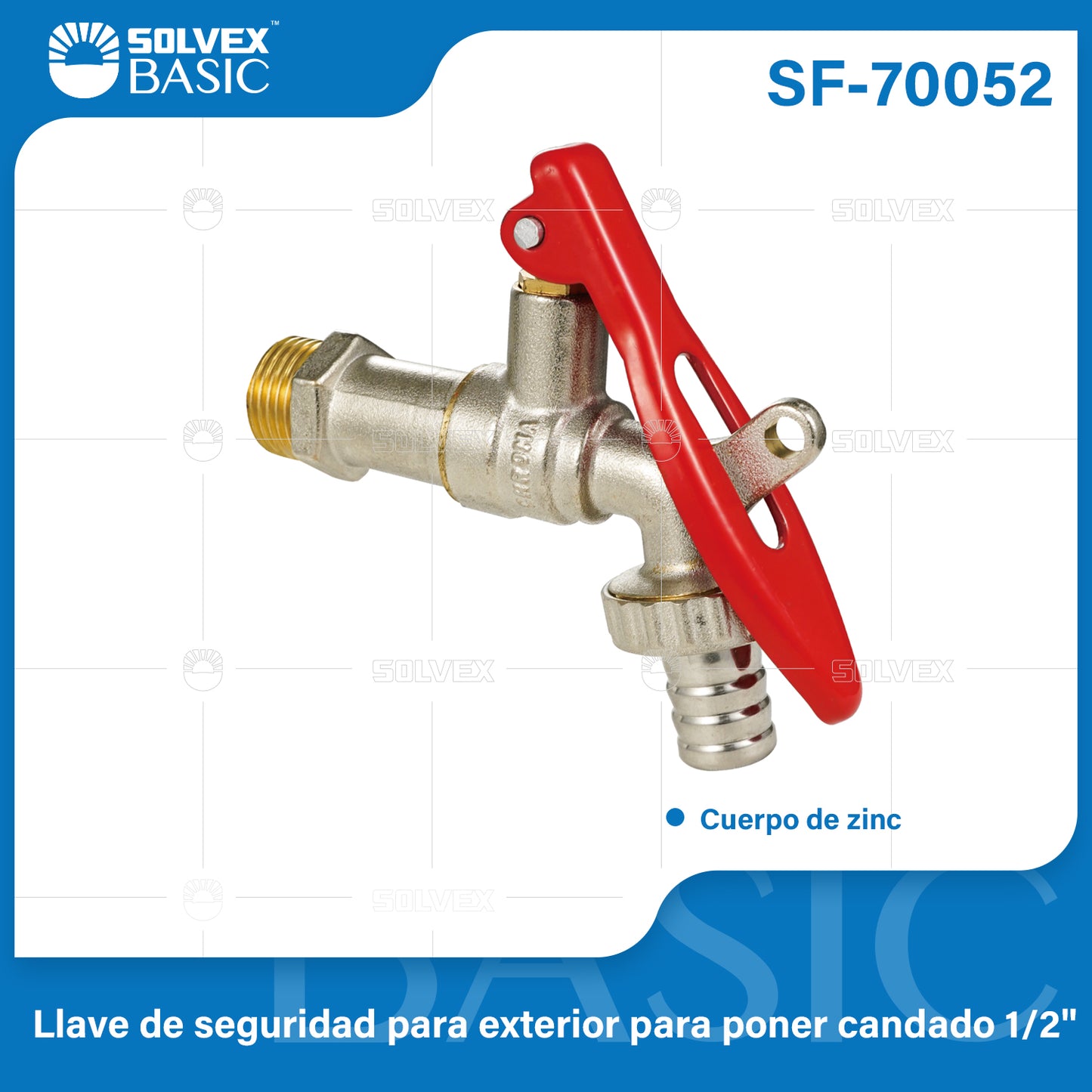 SF-70052-(Caja master 1 CTN=120 SKU)-(MOQ 12 SKU)-Llave de seguridad para exterior para poner candado 1/2"
Cuerpo de zinc