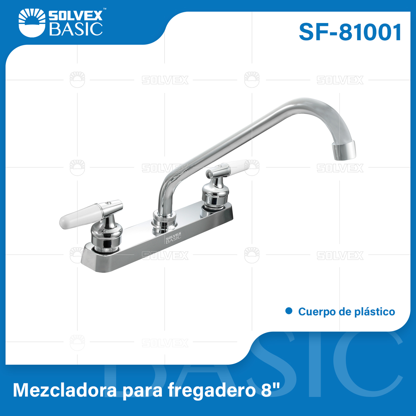 SF-81001-(Caja master 1 CTN=12 SKU)-(MOQ 1 SKU)-Mezcladora para fregadero 8"
Cuerpo,cartucho,manerales y cubierta de plástico