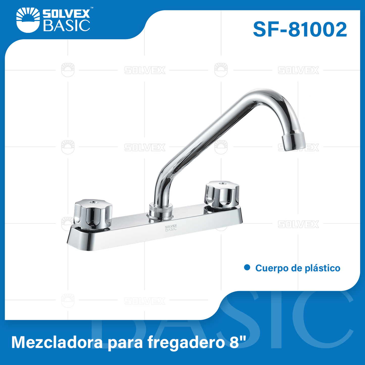 SF-81002-(Caja master 1 CTN=12 SKU)-(MOQ 1 SKU)-Mezcladora para fregadero 8"
Cuerpo,cartucho,manerales y cubierta de plástico