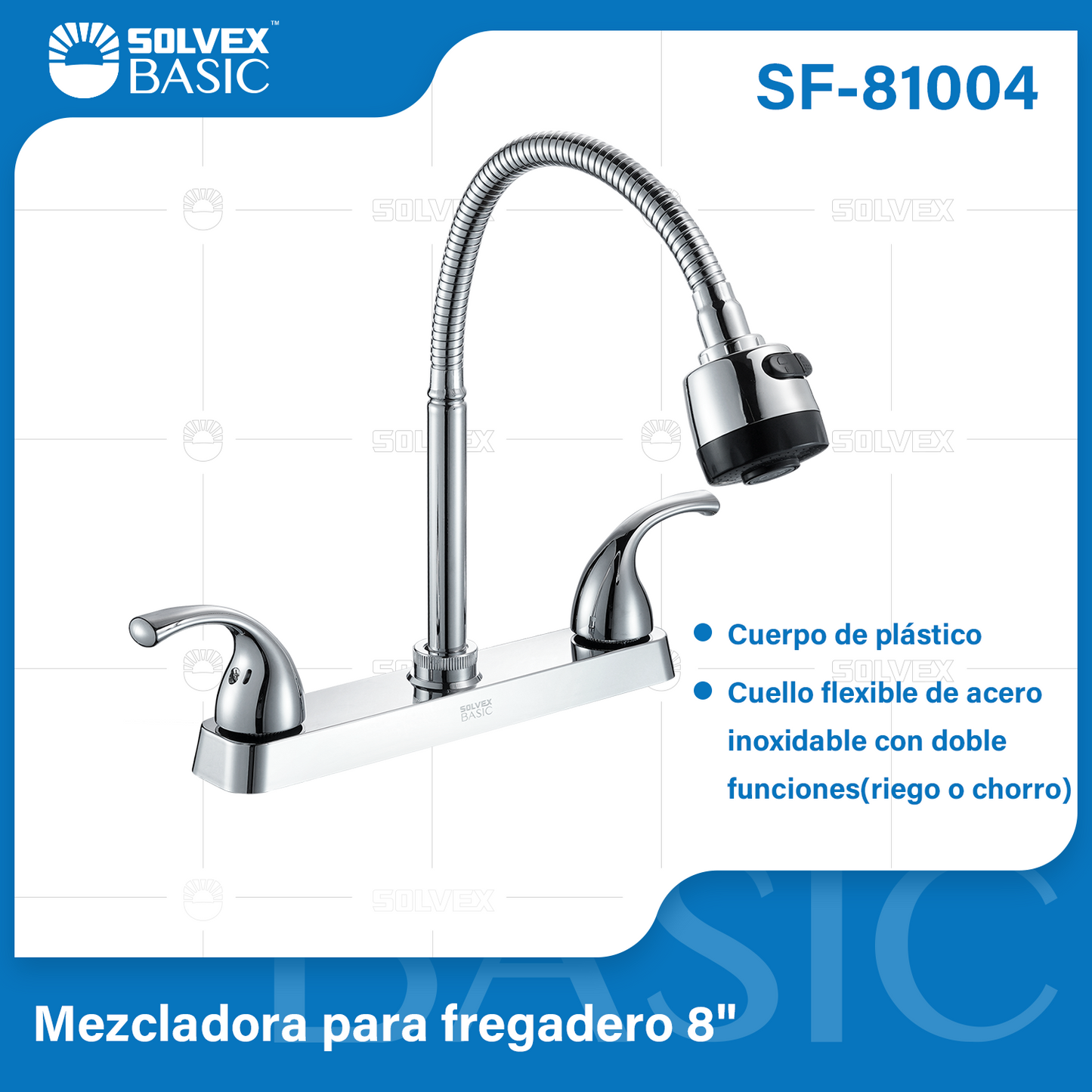 SF-81004-(Caja master 1 CTN=12 SKU)-(MOQ 1 SKU)-Mezcladora para fregadero 8"
Cuerpo,cartucho,manerales y cubierta de plástico