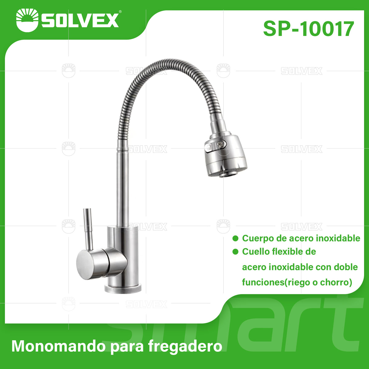 SP-10017-(Caja master 1 CTN=10 SKU)-(MOQ 1 SKU)-Monomando para fregadero
Cuerpo y maneral de acero inoxidable