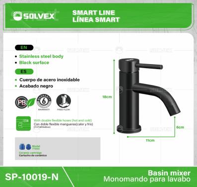 SP-10019-N-(Caja master 1 CTN=10 SKU)-(MOQ 1 SKU)-Monomando para lavabo
Cuerpo,cuello y maneral de acero inoxidable