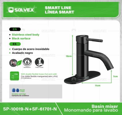 SP-10019-N+SF-61701-N-(Caja master 1 CTN=10 SKU)-(MOQ 1 SKU)-Monomando para lavabo
Cuerpo,cuello y maneral de acero inoxidable