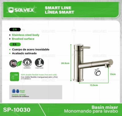 SP-10030-(Caja master 1 CTN=6 SKU)-(MOQ 1 SKU)-Monomando para lavabo
Cuerpo y maneral de acero inoxidable