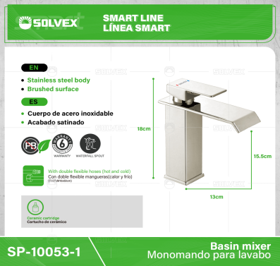 SP-10053-1-(Caja master 1 CTN=10 SKU)-(MOQ 1 SKU)-Monomando para lavabo
Cuerpo,cuello y maneral de acero inoxidable