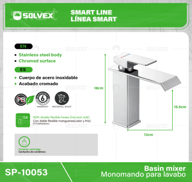 SP-10053-(Caja master 1 CTN=10 SKU)-(MOQ 1 SKU)-Monomando para lavabo
Cuerpo y cuello de acero inoxidable