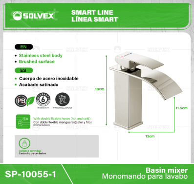 SP-10055-1-(Caja master 1 CTN=10 SKU)-(MOQ 1 SKU)-Monomando para lavabo
Cuerpo,cuello y maneral de acero inoxidable