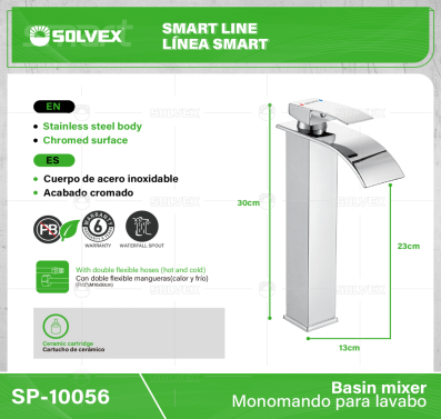 SP-10056-(Caja master 1 CTN=10 SKU)-(MOQ 1 SKU)-Monomando para lavabo
Cuerpo y cuello de acero inoxidable