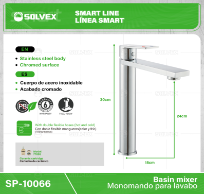 SP-10066-(Caja master 1 CTN=10 SKU)-(MOQ 1 SKU)-Monomando para lavabo
Cuerpo de acero inoxidable