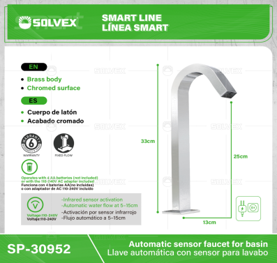 SP-30952-(Caja master 1 CTN=6 SKU)-(MOQ 1 SKU)-Llave automática con sensor para lavabo
Cuerpo de latón