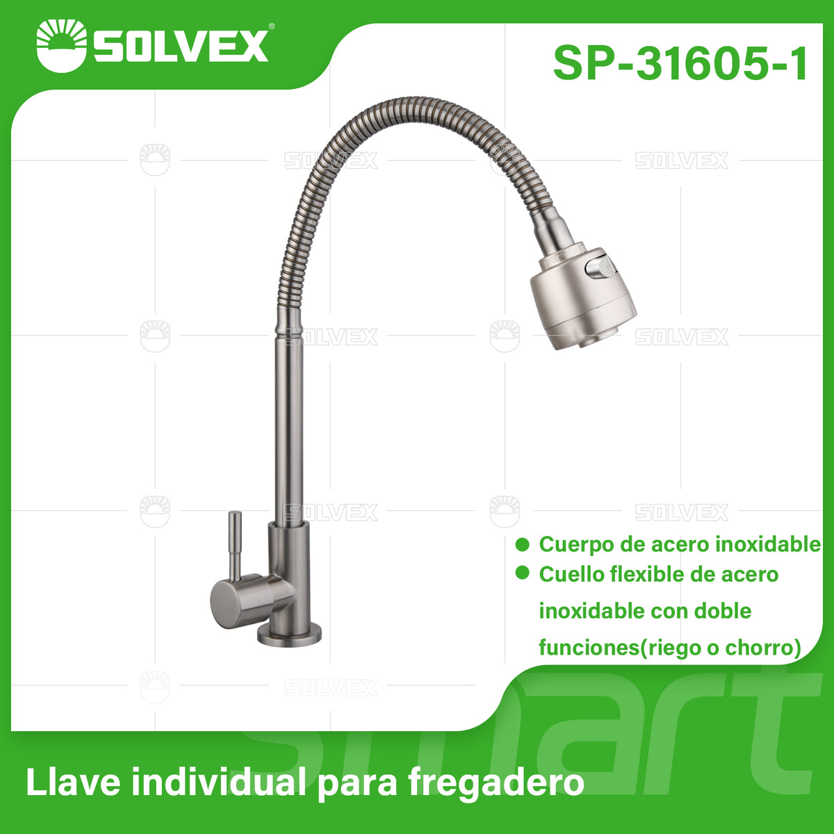 SP-31605-1-(Caja master 1 CTN=20 SKU)-(MOQ 1 SKU)-Llave individual para fregadero
Cuerpo y maneral de acero inoxidable