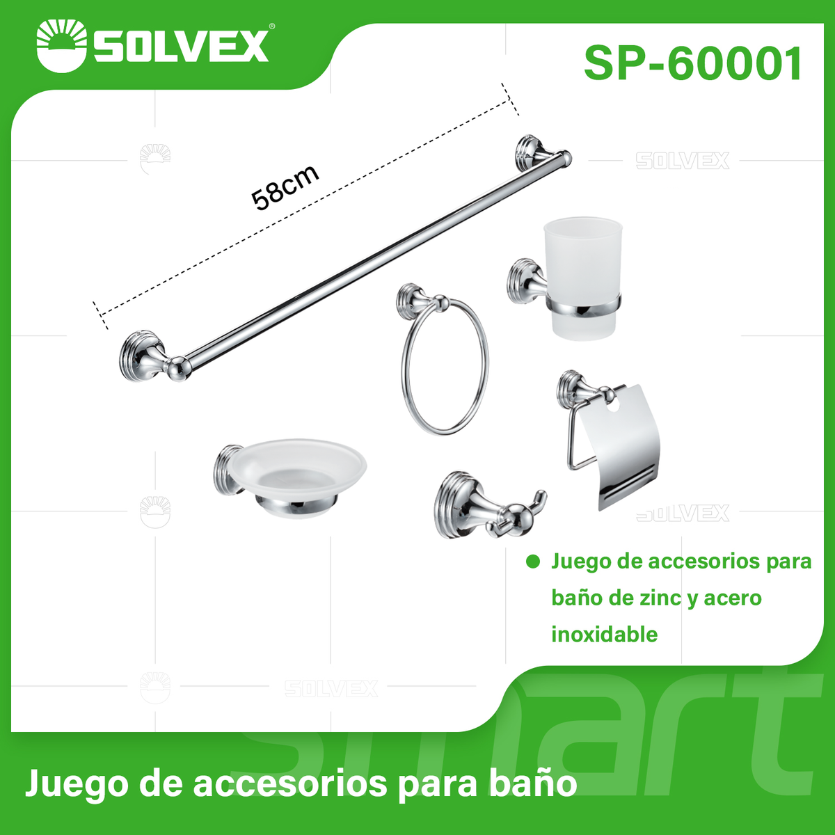 SP-60001-(Caja master 1 CTN=12 SKU)-(MOQ 1 SKU)-Juego de accesorios para baño
Juego de accesorios para baño de zinc y acero inoxidable