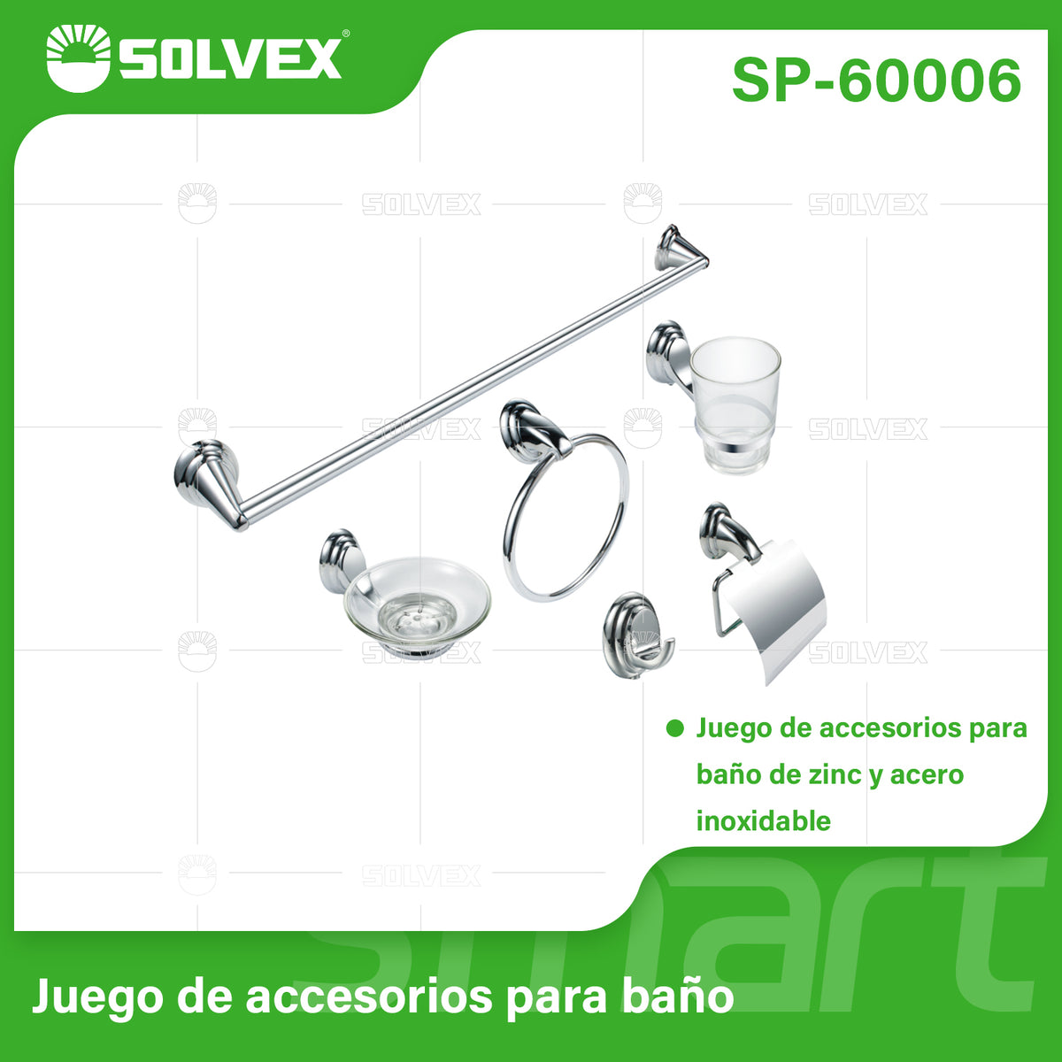 SP-60006-(Caja master 1 CTN=12 SKU)-(MOQ 1 SKU)-Juego de accesorios para baño
Juego de accesorios para baño de zinc y acero inoxidable