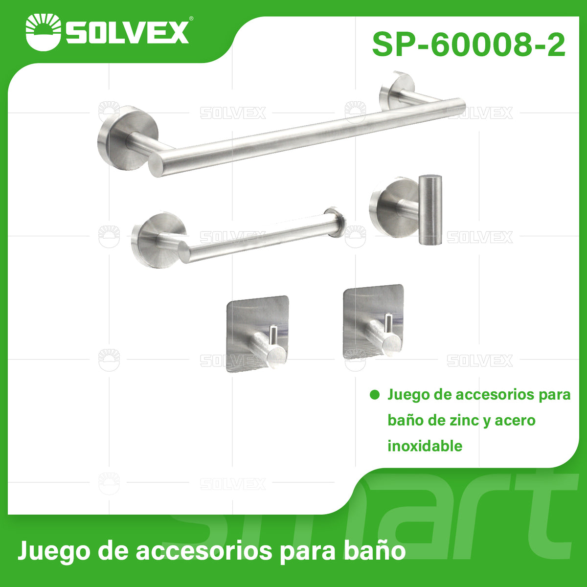 SP-60008-2-(Caja master 1 CTN=20 SKU)-(MOQ 1 SKU)-Juego de accesorios para baño
Juego de accesorios para baño de zinc y acero inoxidable