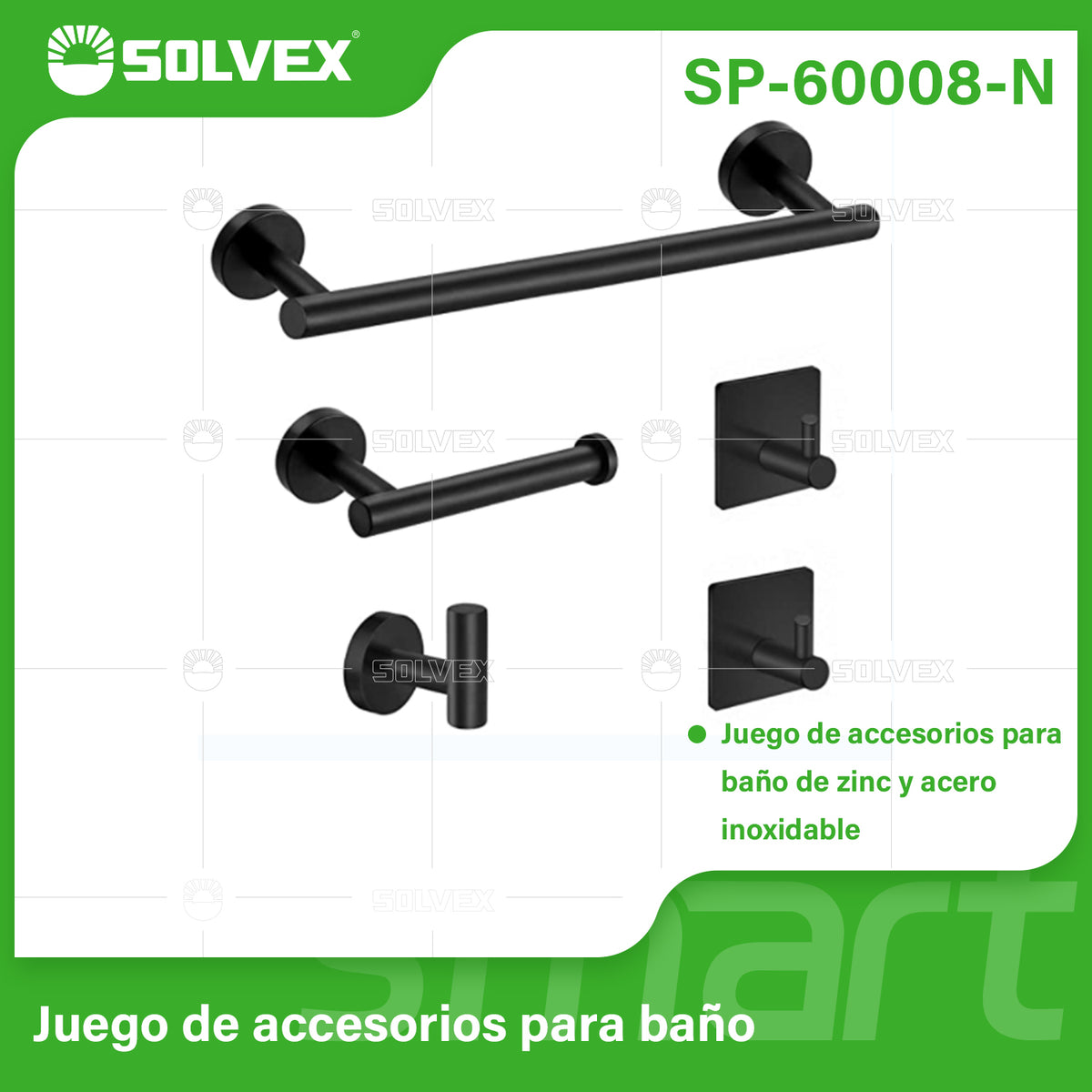 SP-60008-N-(Caja master 1 CTN=20 SKU)-(MOQ 1 SKU)-Juego de accesorios para baño
Juego de accesorios para baño de zinc y acero inoxidable