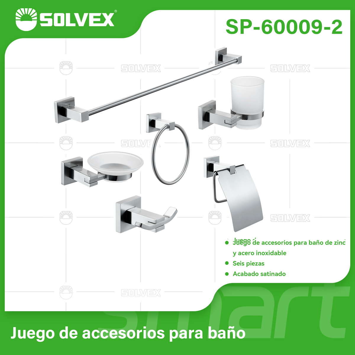 SP-60009-2-(Caja master 1 CTN=10 SKU)-(MOQ 1 SKU)-Juego de accesorios para baño
Juego de accesorios para baño de zinc y acero inoxidable