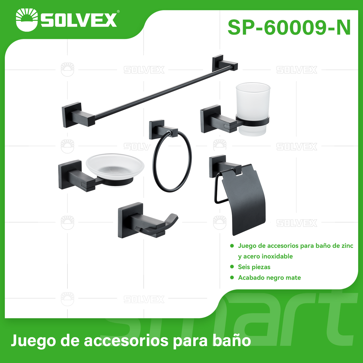 SP-60009-N-(Caja master 1 CTN=10 SKU)-(MOQ 1 SKU)-Juego de accesorios para baño
Juego de accesorios para baño de zinc y acero inoxidable