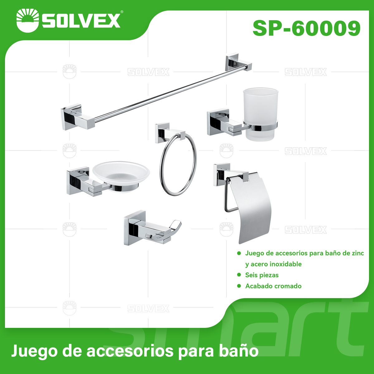 SP-60009-(Caja master 1 CTN=10 SKU)-(MOQ 1 SKU)-Juego de accesorios para baño
Juego de accesorios para baño de zinc y acero inoxidable