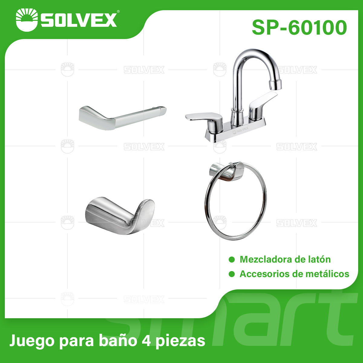 SP-60100-(Caja master 1 CTN=12 SKU)-(MOQ 1 SKU)-Juego para baño 4 piezas
Mezcladora más 3 accesorios