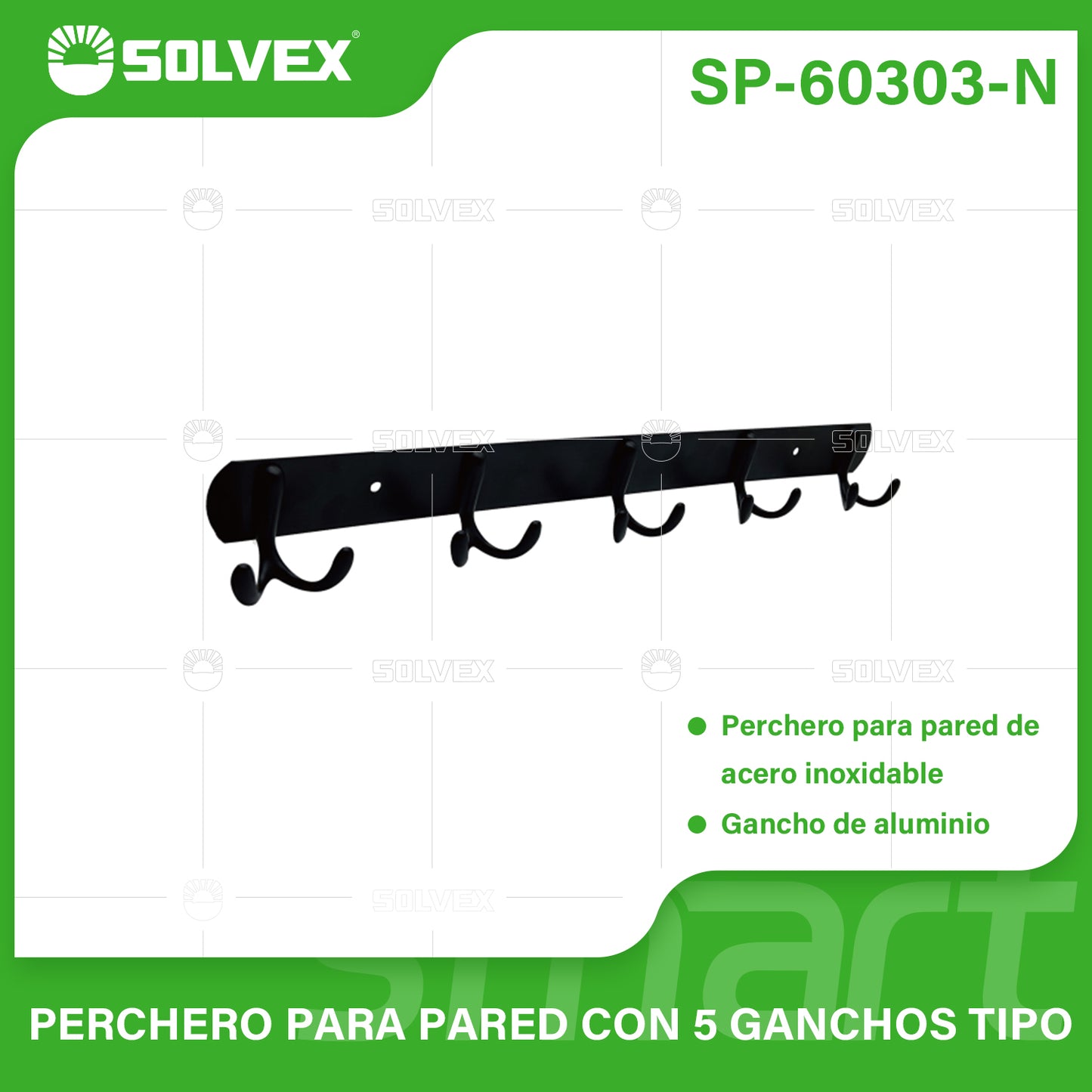 SP-60303-N (Caja master 50)(MOQ 2 pzs=1 caja) Perchero para pared con 5 ganchos tipo
