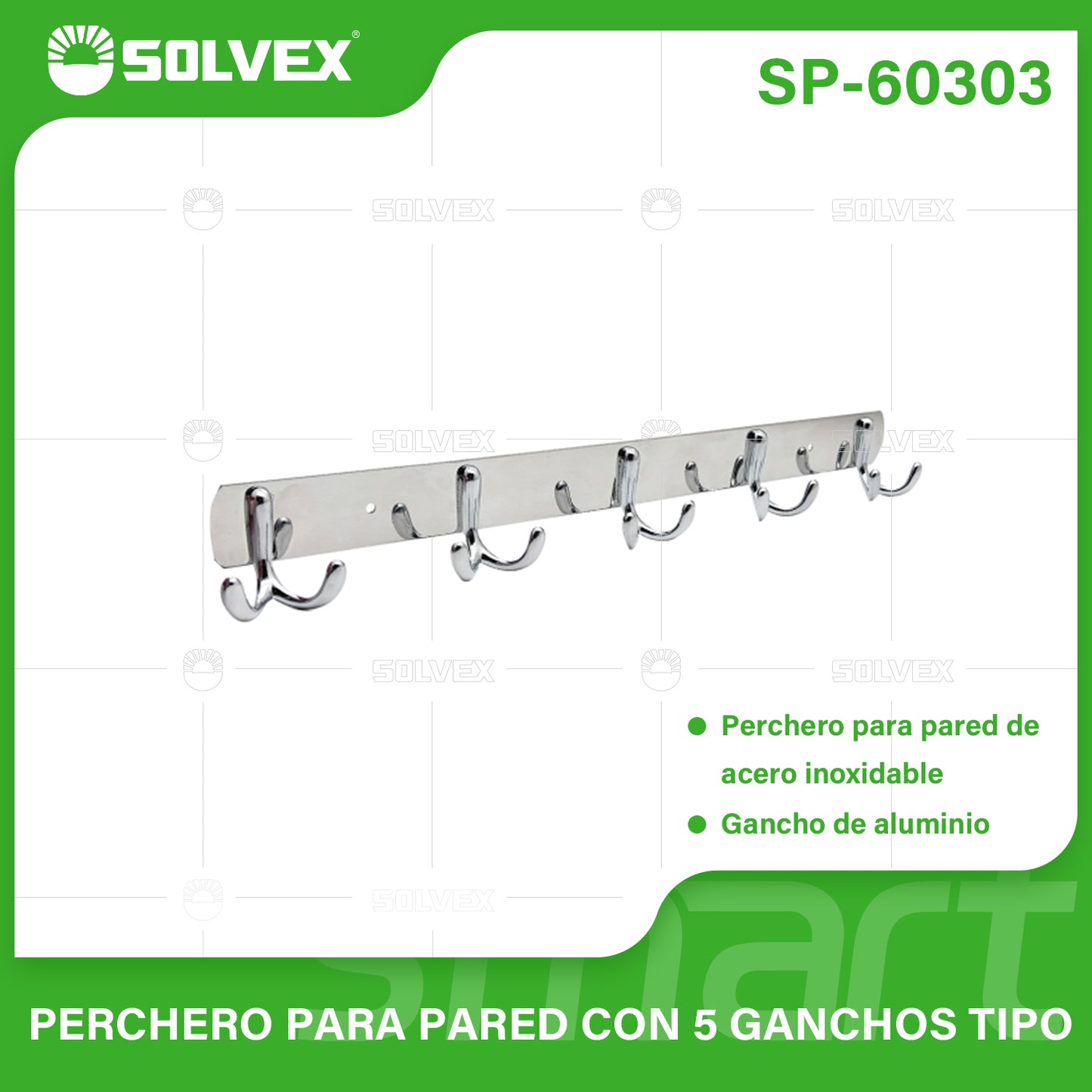 SP-60303 (Caja master 50)(MOQ 2 pzs=1 caja) Perchero para pared con 5 ganchos tipo