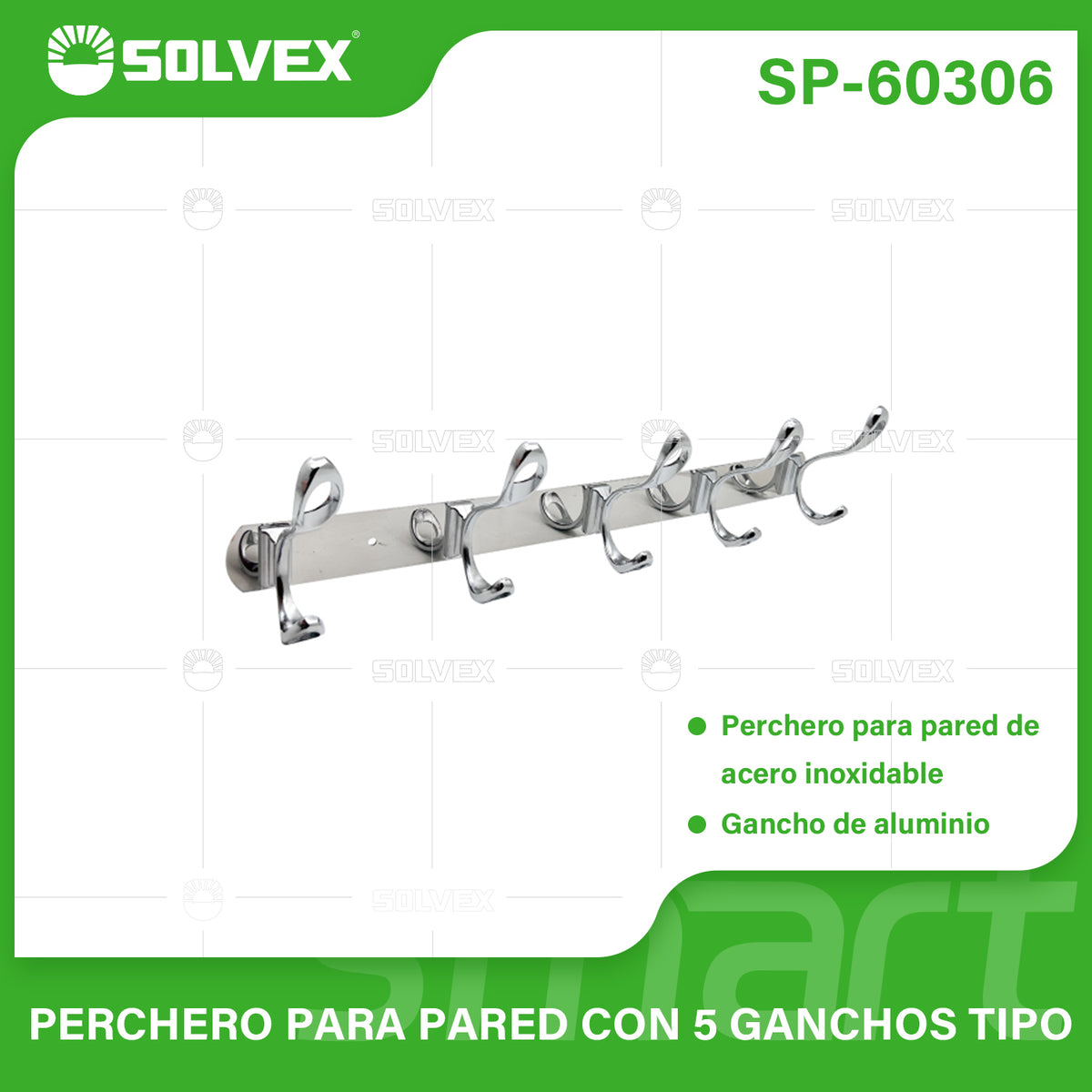 SP-60306-(Caja master 1 CTN=50 SKU)-(MOQ 2 SKU)-PERCHERO PARA PARED CON 5 GANCHOS TIPO
Perchero para pared de acero inoxidable