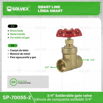 SP-70055-2-(Caja master 1 CTN=100 SKU)-(MOQ 10 SKU)-Válvula de compuerta soldable 3/4"
Cuerpo de latón